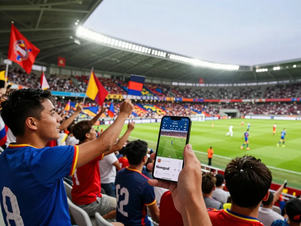 Live football match atmosphere showcasing fans checking Nowgoal for real-time scores.