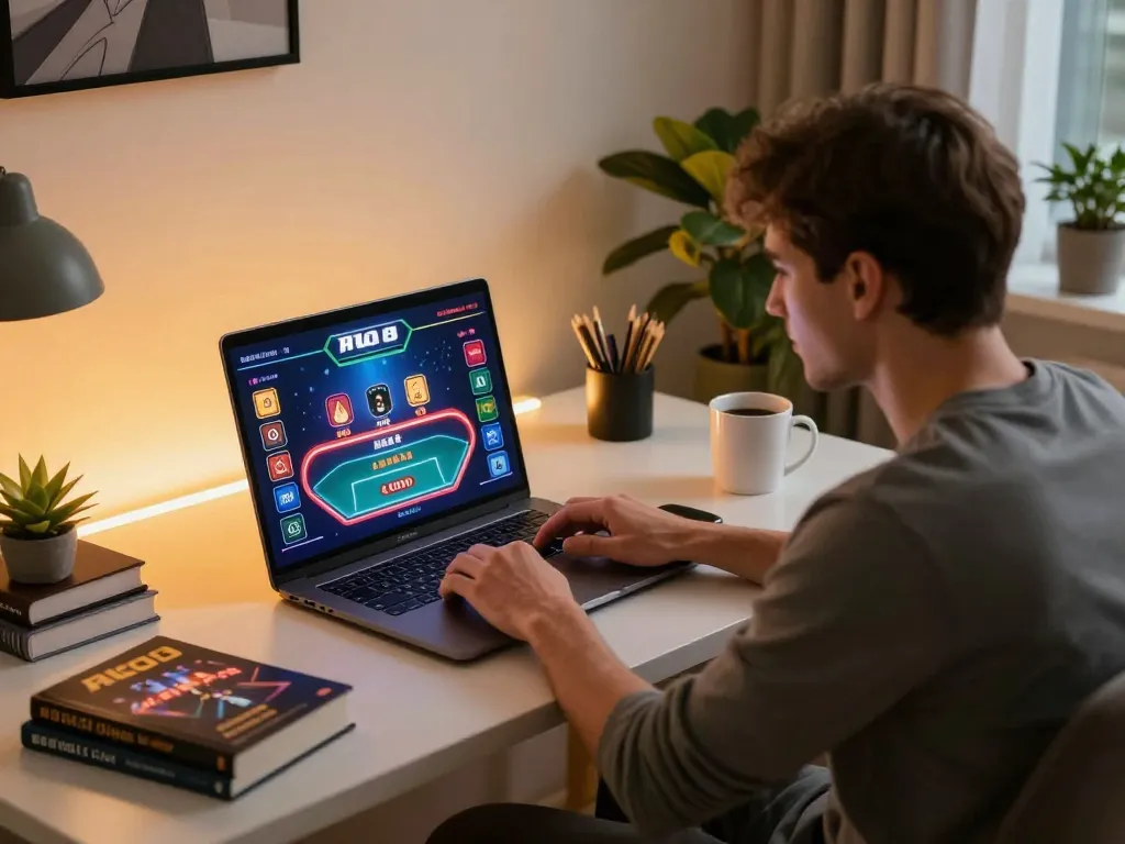 Engaging in ALO8 Live gaming experience, player focused on laptop displaying live dealer games, modern home office ambiance