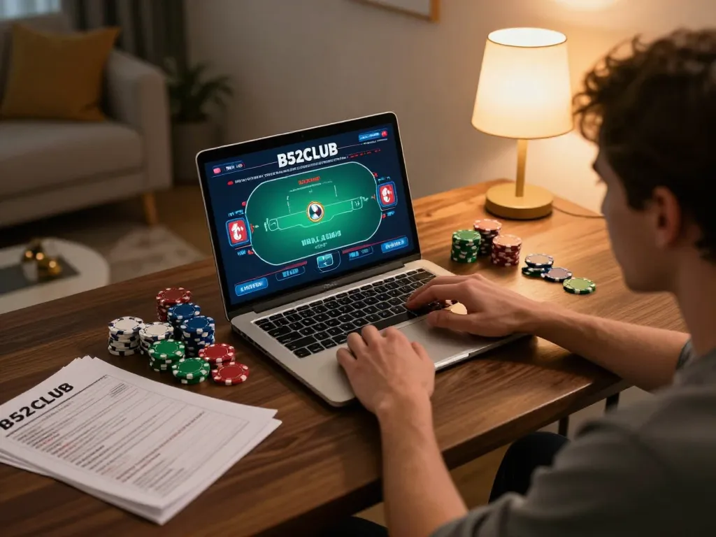 Experience the B52CLUB poker game on a cozy home gaming setup with chips and strategy notes.