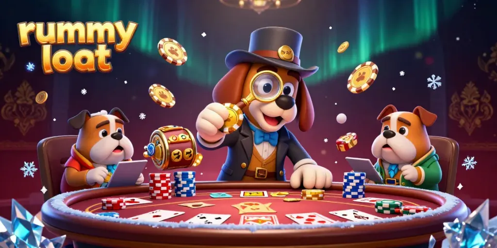 Experience the thrilling rummy loot world with dynamic characters and engaging gameplay elements like poker tables and chips.
