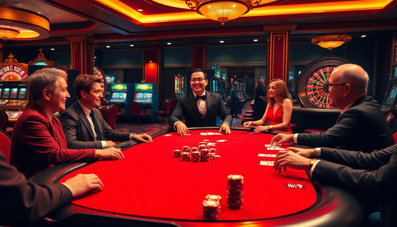 Players enjoying a thrilling poker game at VIPSODO66 casino, with vibrant casino elements in the background.
