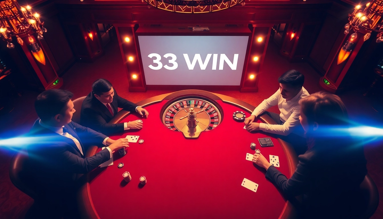 33WIN poker chips on a luxurious table highlighting a high-stakes casino atmosphere.