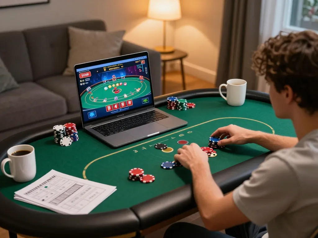Player enjoying online poker at RR88 with engaging live dealer interface in a cozy environment