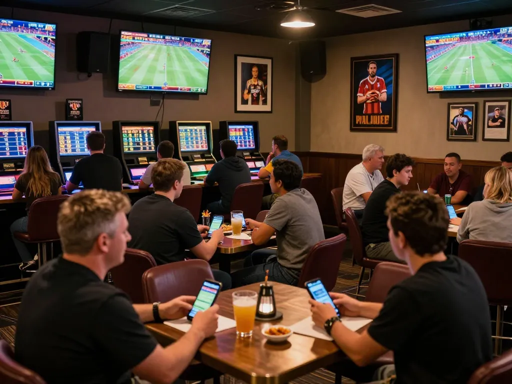Patrons actively engaging with kèo nhà cái at a vibrant sports betting lounge, placing bets.