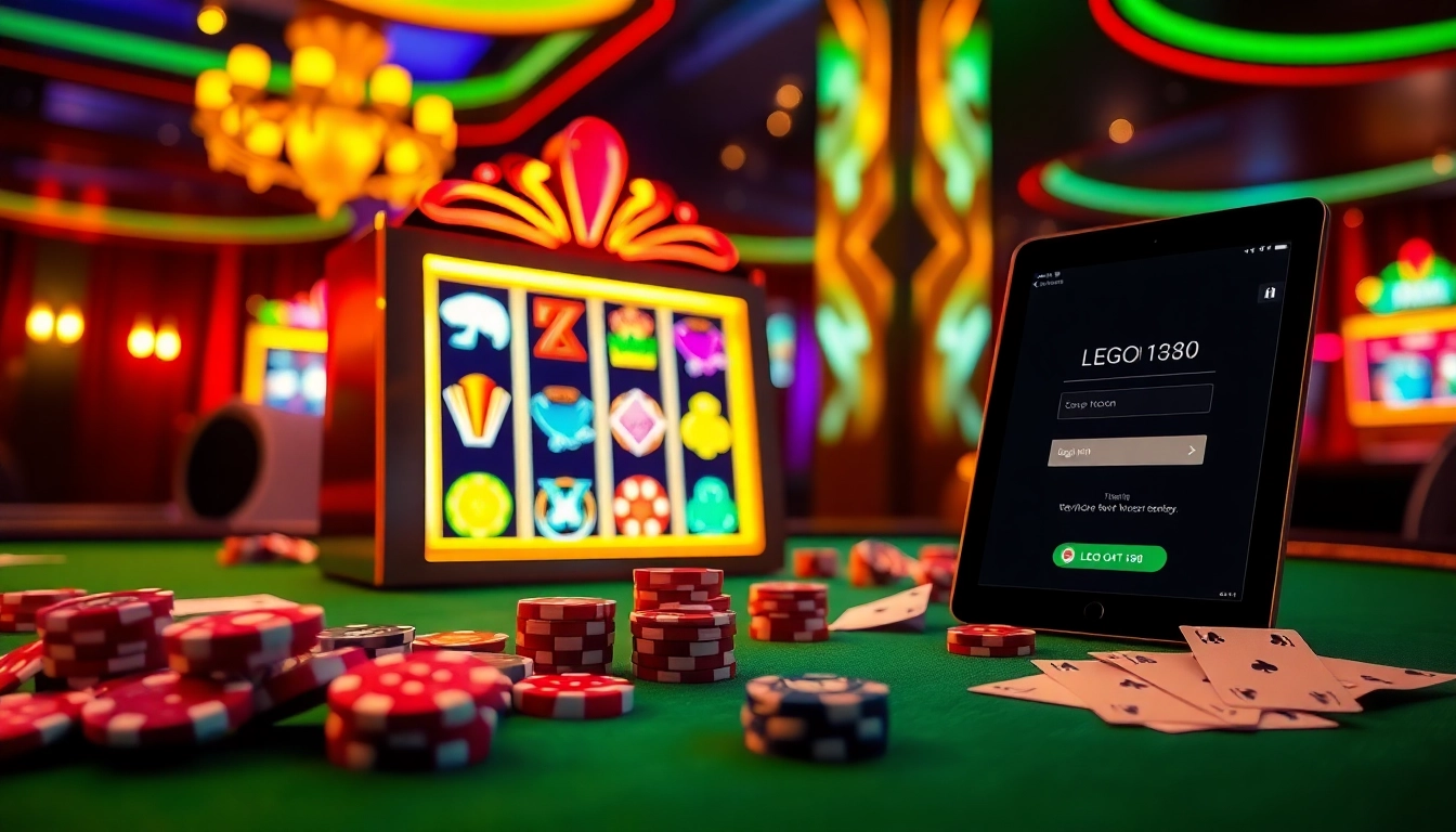 Exciting scene showcasing LEGO138 login access at a luxurious casino with vibrant slot machines.