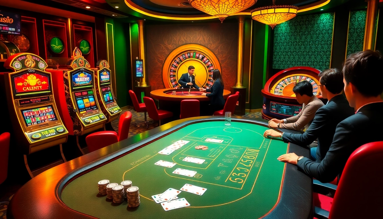 Engaging casino atmosphere at https://nohu90.social/ with players at a poker table and vibrant slot machines.