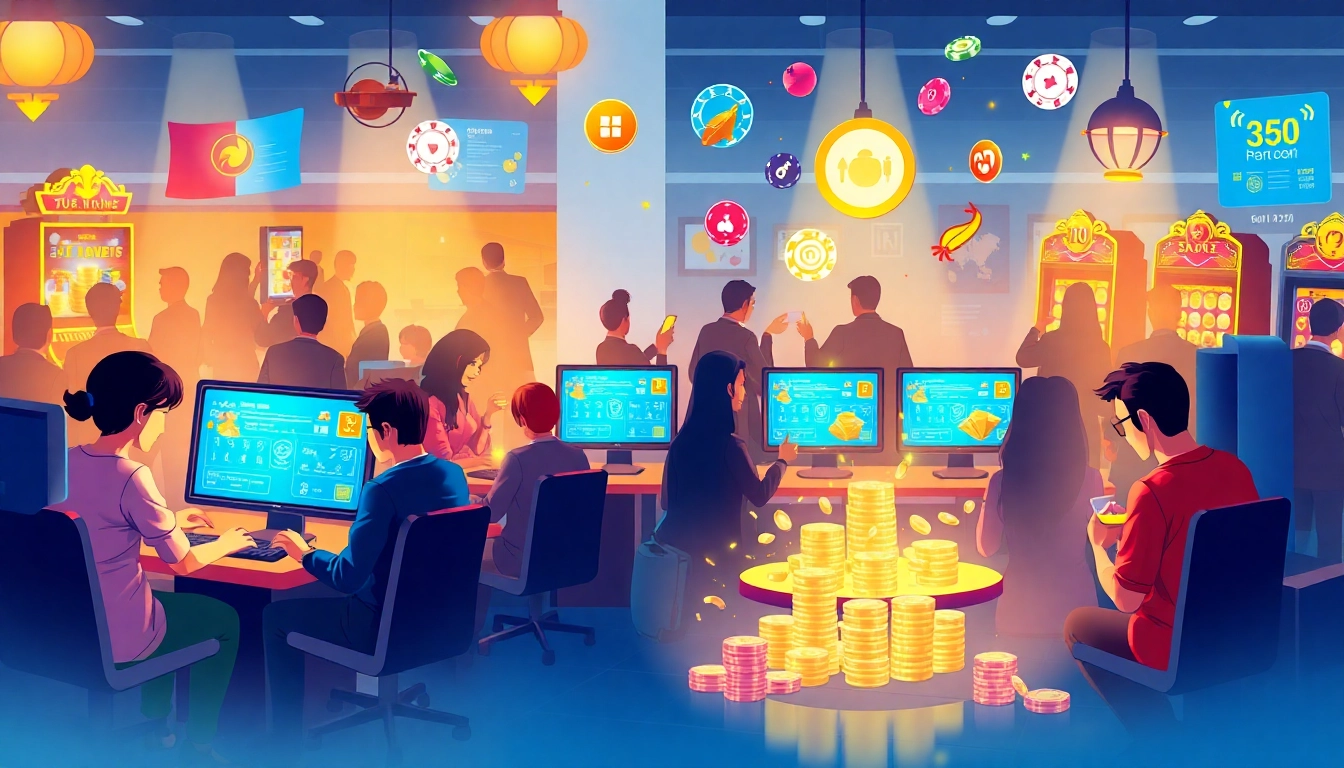 Exciting online gaming scene showcasing players on sunwinw.com enjoying Tài Xỉu and poker in a vibrant digital atmosphere.