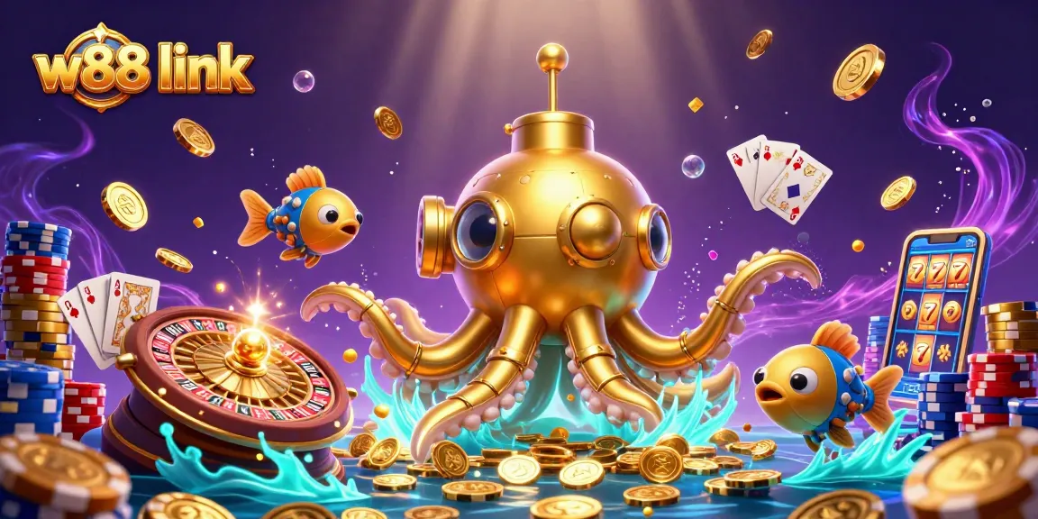 Engage with the w88 link, showcasing a vibrant 3D kraken casino adventure filled with dynamic gaming elements.