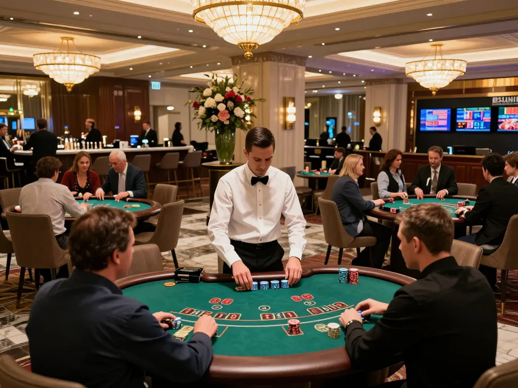 Experience vibrant gameplay at Canada online casinos with players enjoying blackjack in an upscale casino lobby