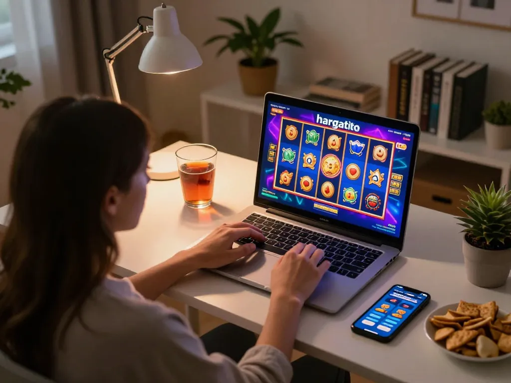 Pemain yang terlibat memutar gulungan hargatoto slot di laptop ramping dalam pengaturan permainan yang nyaman