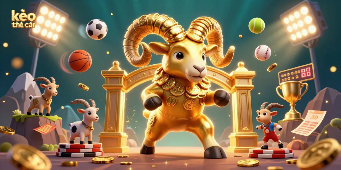 Experience the thrill of kèo nhà cái with animated 3D golden ram charging through sports betting elements.