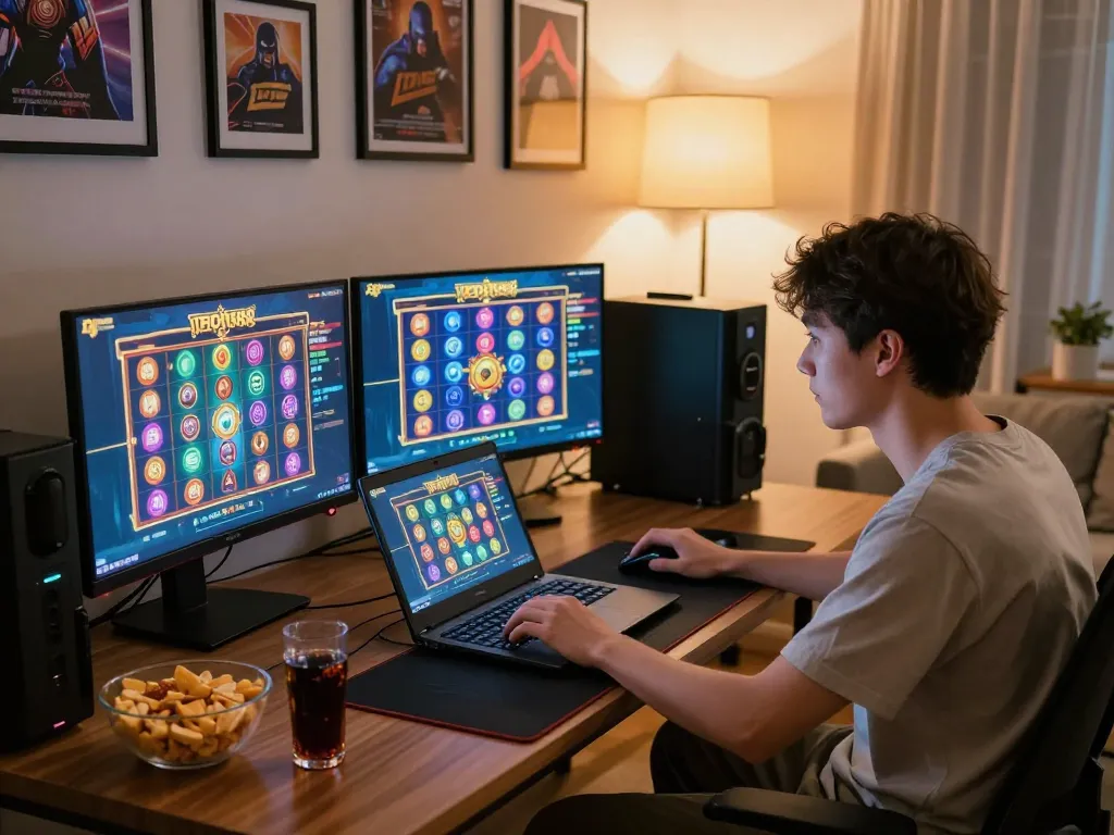 Momen permainan daring yang menarik di platform laoban188 dengan grafik slot yang cerah di ruang tamu yang nyaman.
