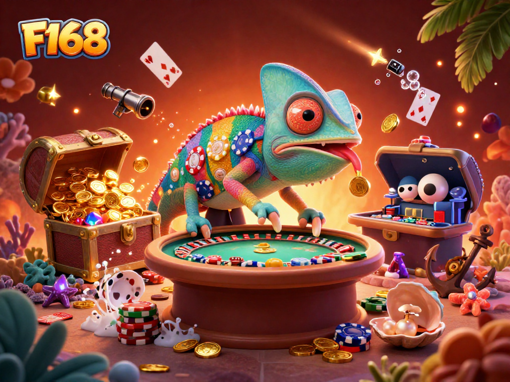 Experience the vibrant dynamics of F168 with a chameleon casino owner in a colorful gaming scene.