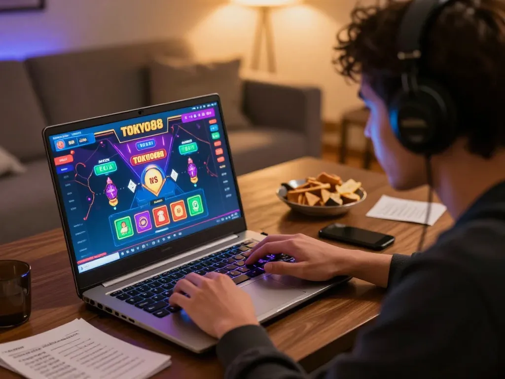 Pemain TOKYO88 terlibat dalam permainan kasino online dengan grafik yang cerah, mempromosikan permainan yang mendebarkan.