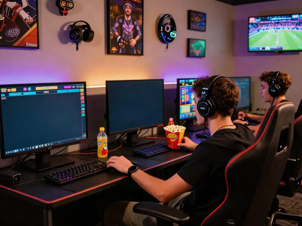 Excited player enjoying akunjp online gaming experience at a vibrant gaming station.