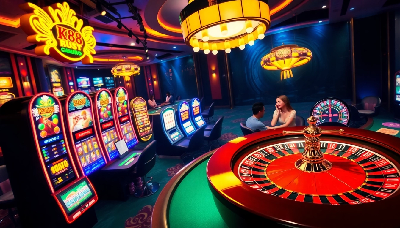 K88 online casino with exciting slot machines and vibrant poker tables in a luxurious setting.