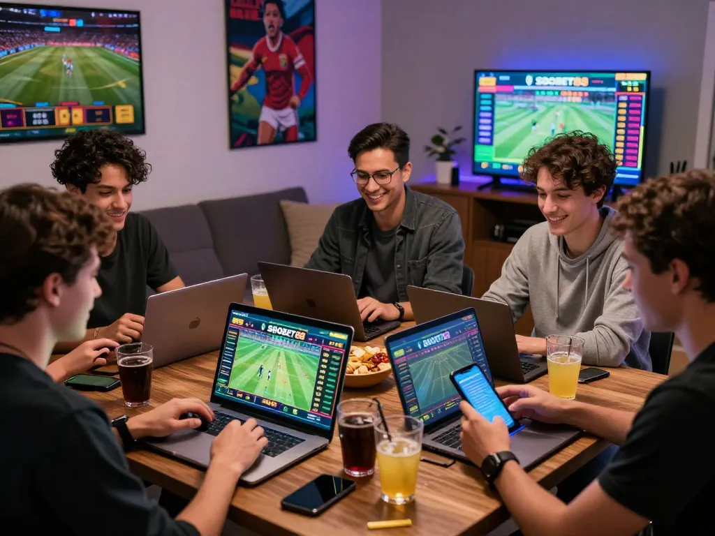 SBOBET88 friends enjoying live sports betting together at home tabletop.