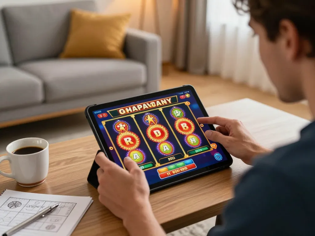 Engaging in slot online gacor gameplay on a tablet in a cozy home setting.