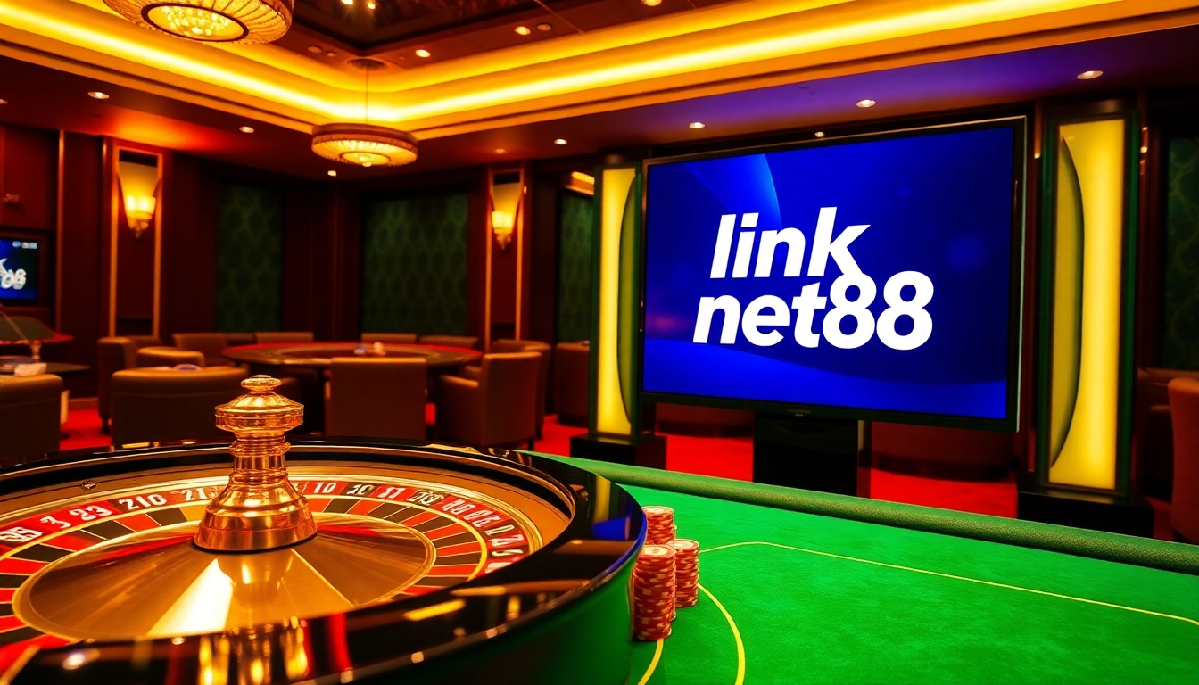 Engage with NET88 through an exciting online gambling scene featuring vibrant poker chips and roulette.