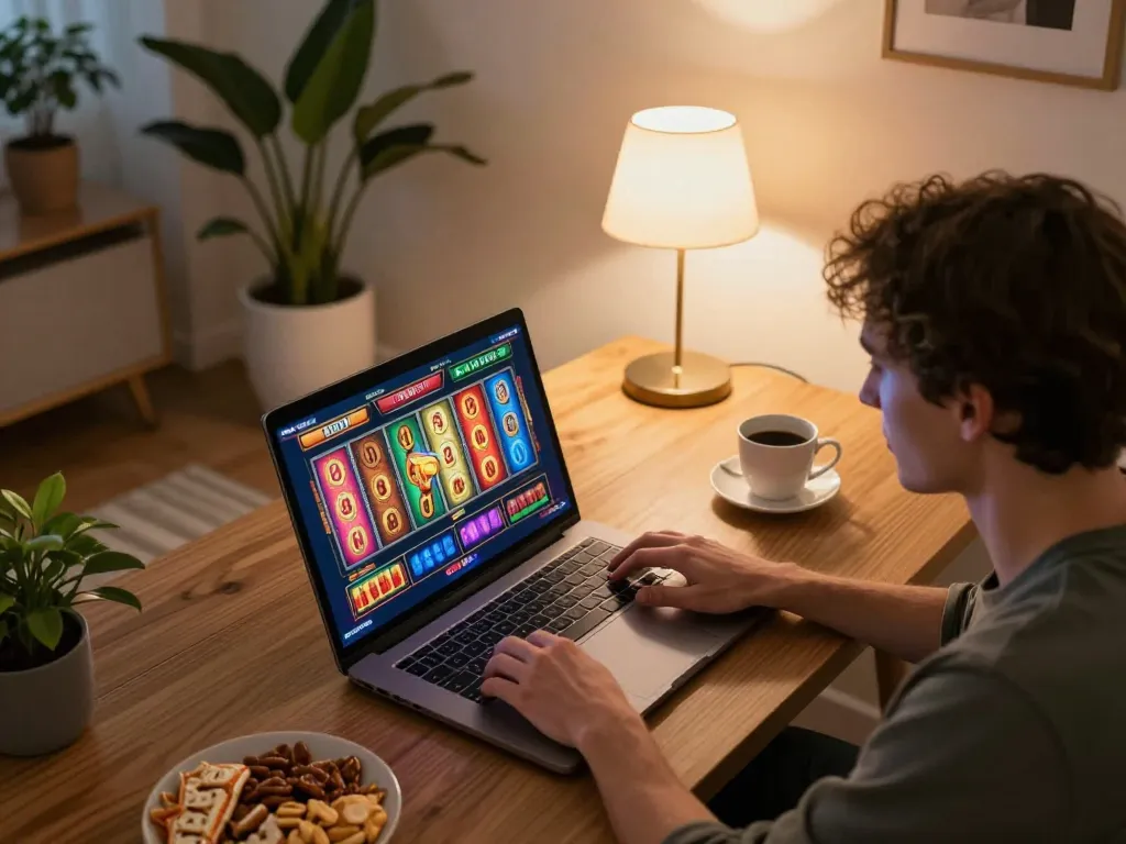 Kuwin online player enjoying slots on a laptop in a cozy gaming setup
