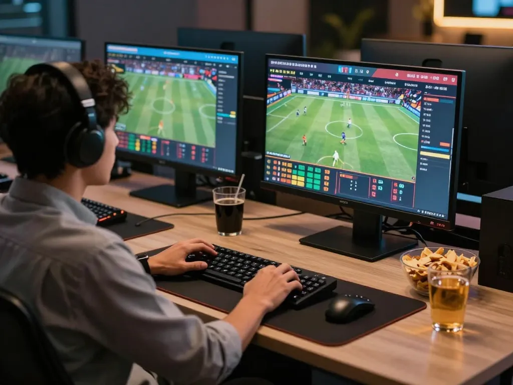 Engaged bettor analyzing odds on multiple screens while using lv88seo for strategic sports betting.