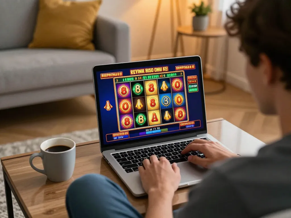 Player engaging in thrilling toto slot game on laptop at home in cozy atmosphere