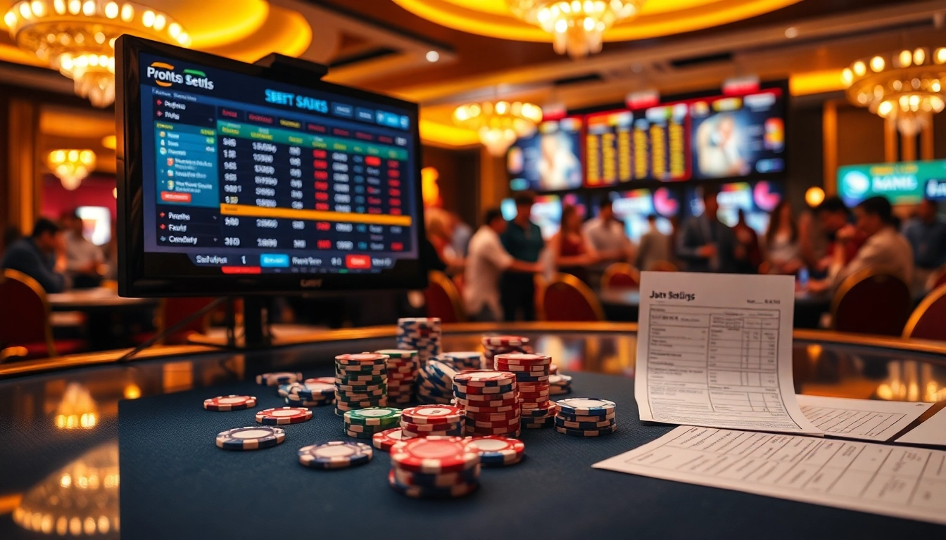 Situs Judi Bola online bet slip amidst vibrant casino atmosphere with poker chips.