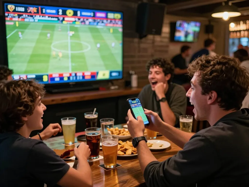 Excited bettor placing wagers on god55 sports betting app while watching a live match at a vibrant sports bar.