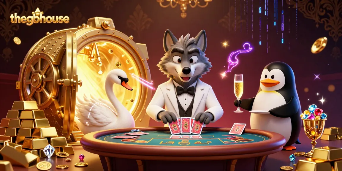Thegbhouse features a debonair wolf at a baccarat table, elegant swan and sophisticated penguin, surrounded by gold.