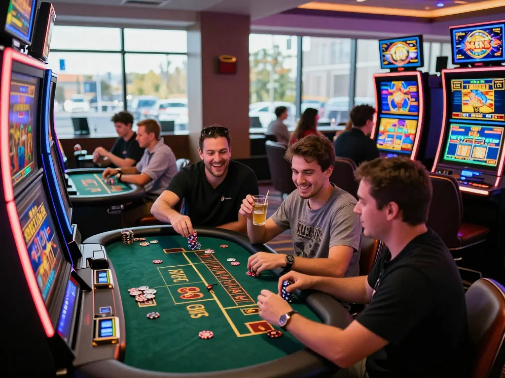 Exciting casino nk88 scene with players enjoying vibrant slot machines and live dealer games in a lively digital casino atmosphere.