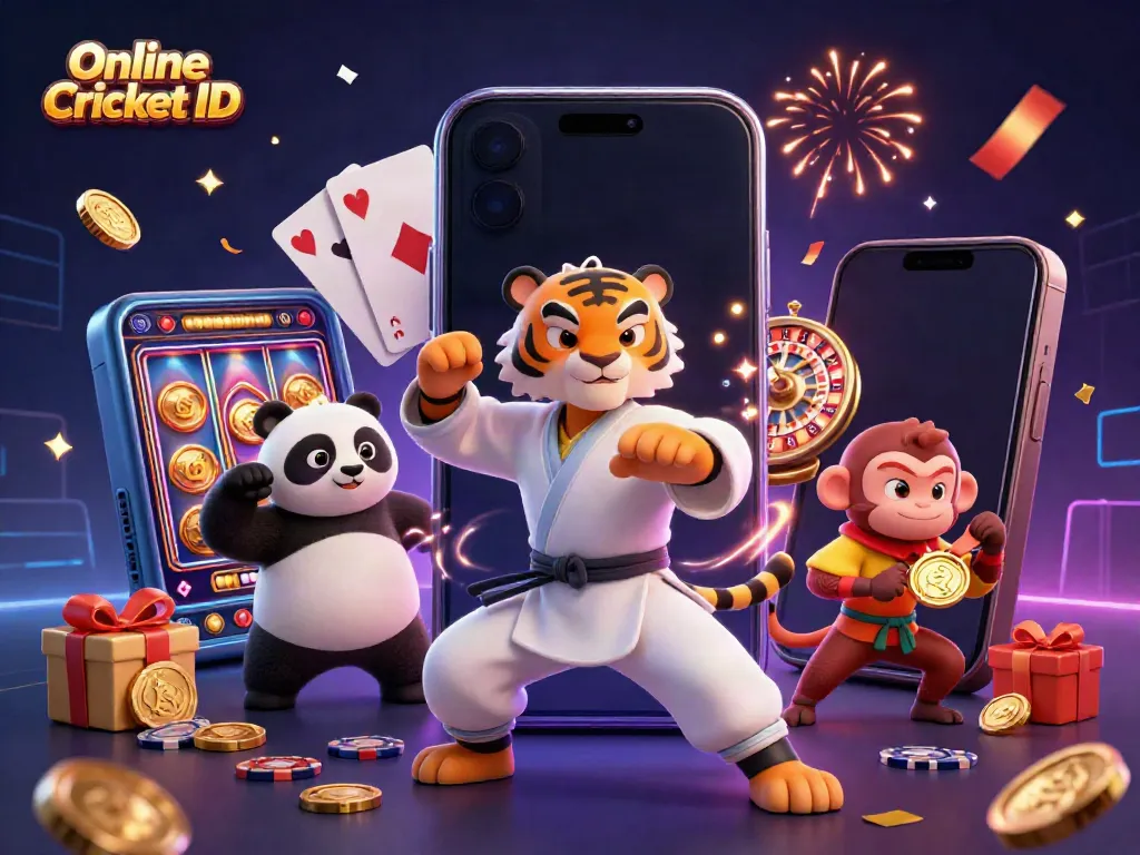 Engage in thrilling betting with your Online Cricket ID, as cartoon characters celebrate winnings amidst vibrant gambling elements.
