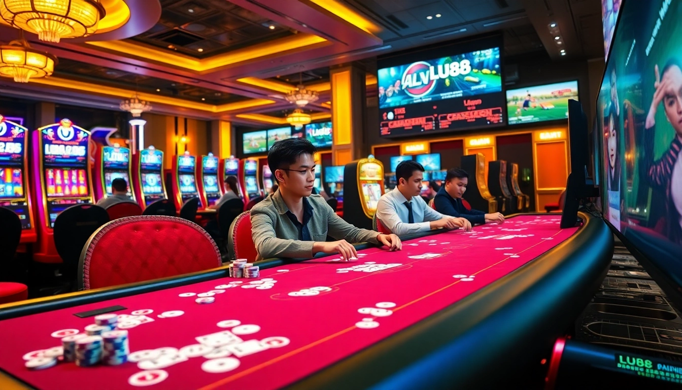 Excited players celebrating wins at the LU88 gaming table featuring vibrant slot machines and poker action.