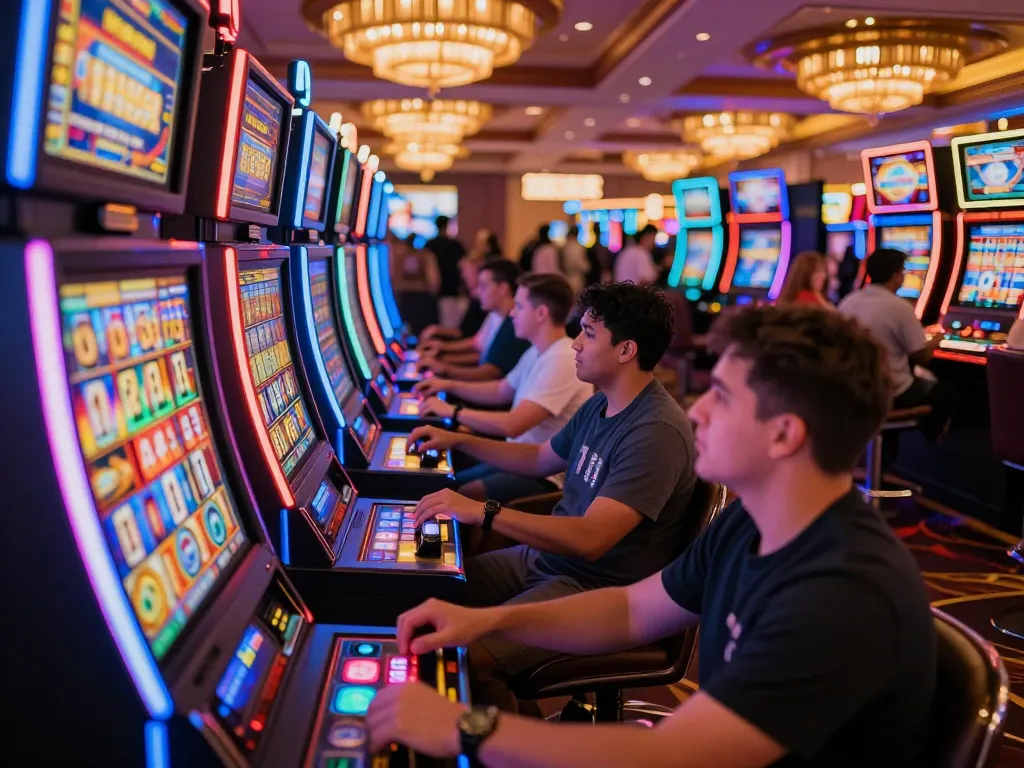 Excited players spinning slots in a colorful Las Vegas casino filled with bright neon lights.