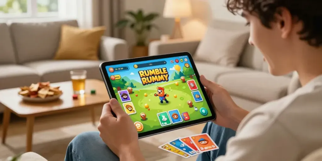Player engaging with the Rumble Rummy app in a cozy living room setting, enjoying mobile gaming.