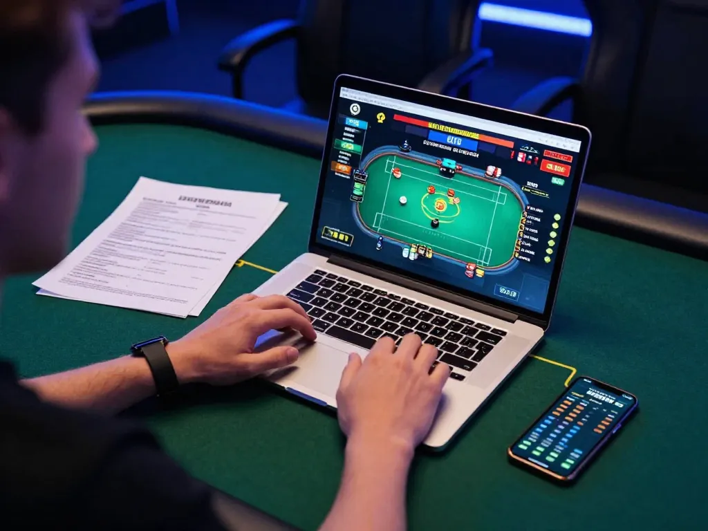 Player analyzing strategies on https://www.bdtk66.one/ while engaged in live online poker session with notes and smartphone.