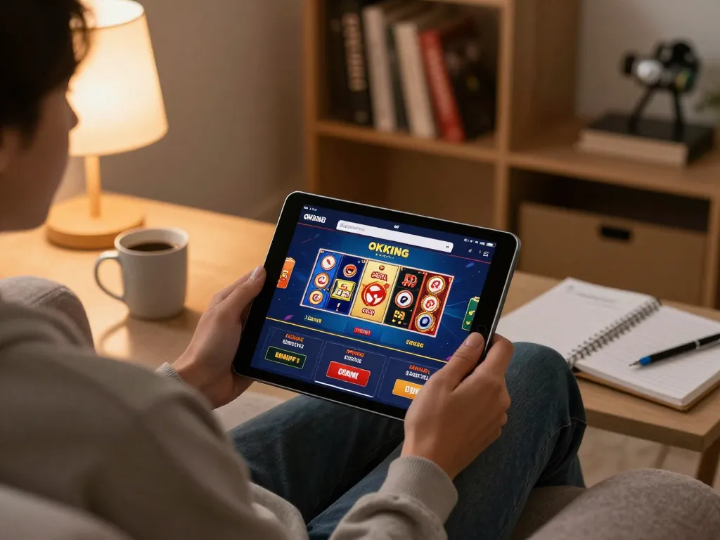 Playing the OKKING app on a tablet during a cozy home gaming session, showcasing strategic betting notes.