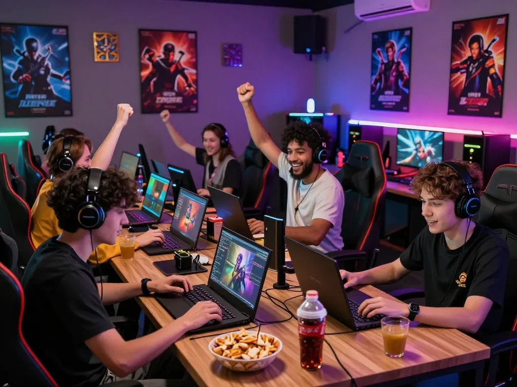 Exciting gaming atmosphere featuring players enjoying game sunwin in a lively lounge setting with colorful decor.