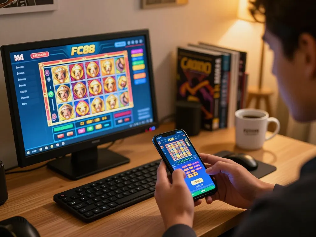 Player enjoying the FC88 casino app on a smartphone surrounded by strategy materials for online gaming