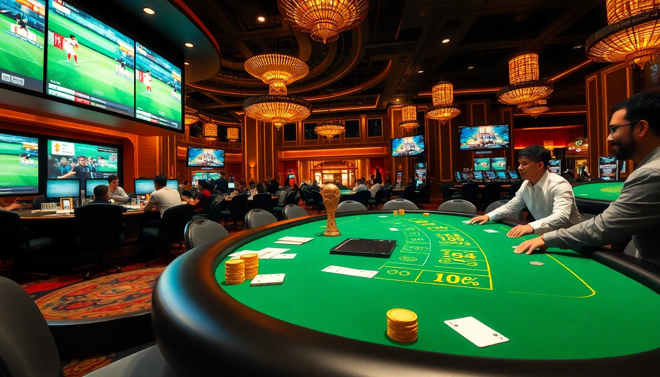 Players engaging in Judi Bola Piala Dunia betting at a luxurious casino setting with vibrant sports screens.