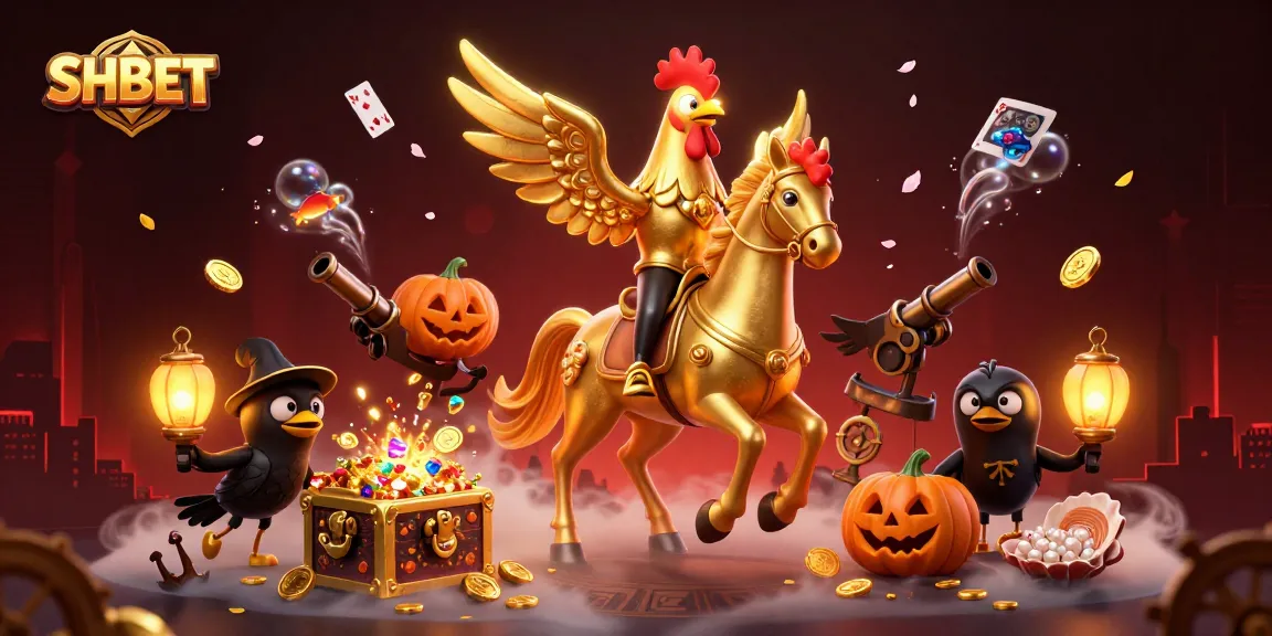 Engage with SHBET in a vibrant casino scene featuring a golden rooster and pumpkin-headed crows amidst dynamic gaming elements.
