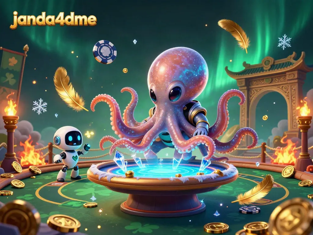 Ilustrasi perjudian futuristik janda4dme dengan montase alien dan robot di meja poker holografik.