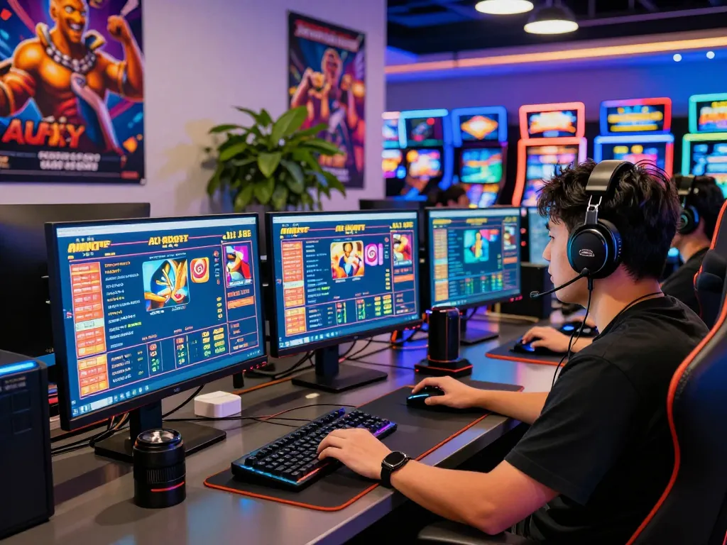A gamer engaging with AU88 online gaming platform showcasing vibrant betting graphics and multiple monitors in an exciting casino environment