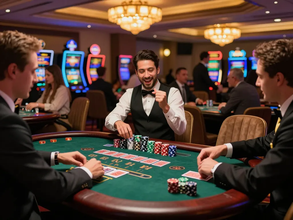 Players celebrating a win at a blackjack table in an upscale casino environment, showcasing FC88's thrilling gaming experience.