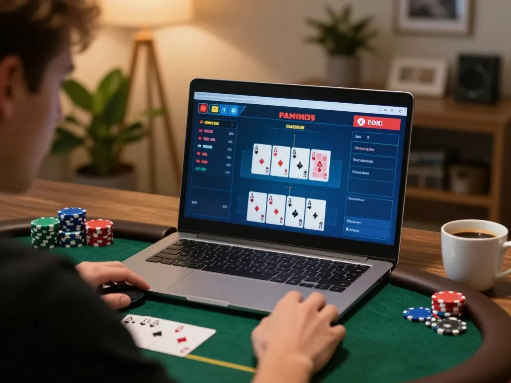 Player engaged in online poker gameplay on laptop, showcasing strategic betting moments at home with du88.