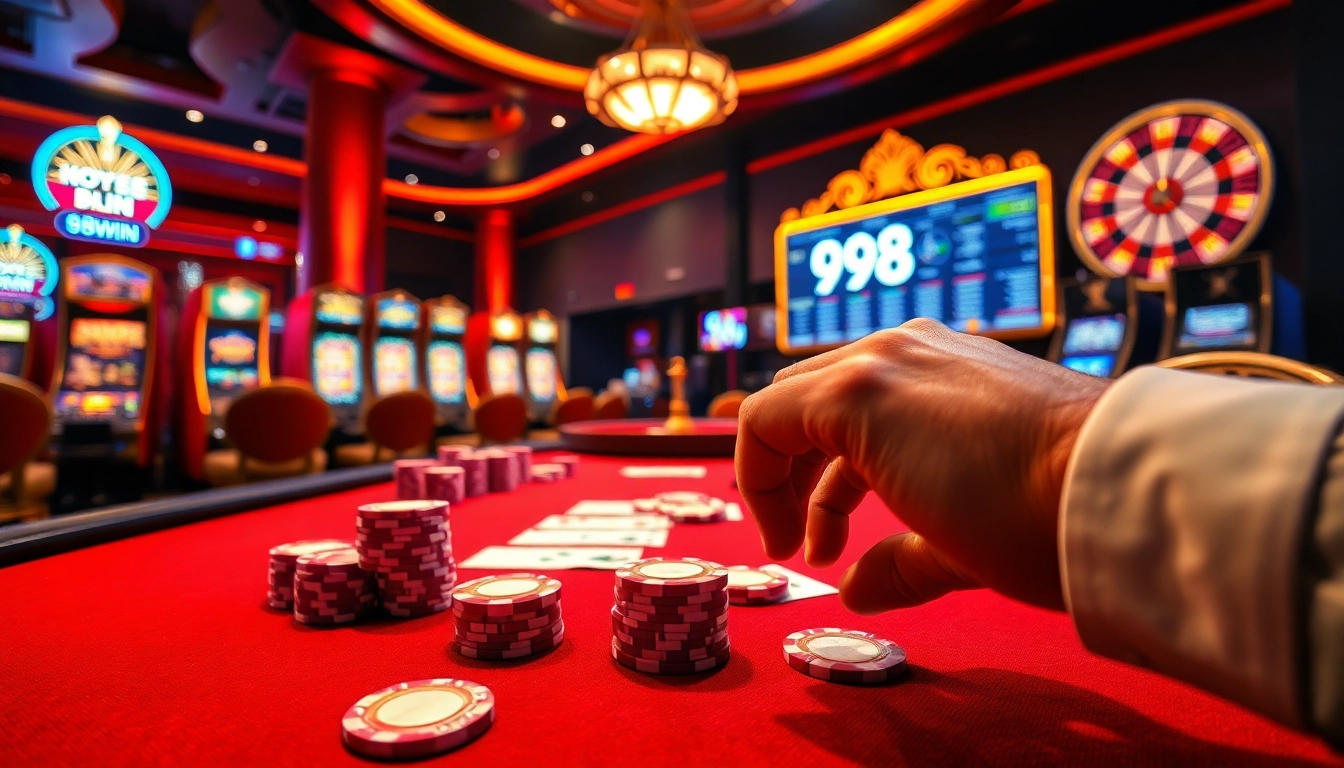 Experience the thrill of poker and slots at 98win in a vibrant casino setting.