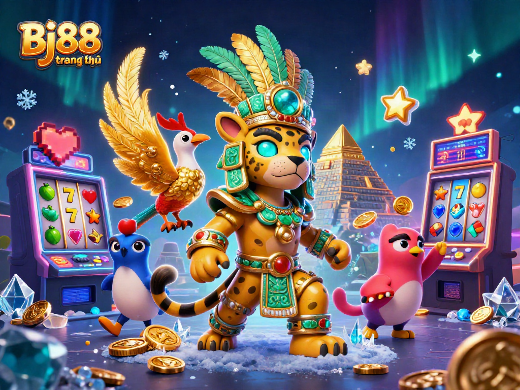 Experience thrilling fun at Bj88 trang chủ with a Mayan jaguar priest surrounded by vibrant slot machines and gold coins.