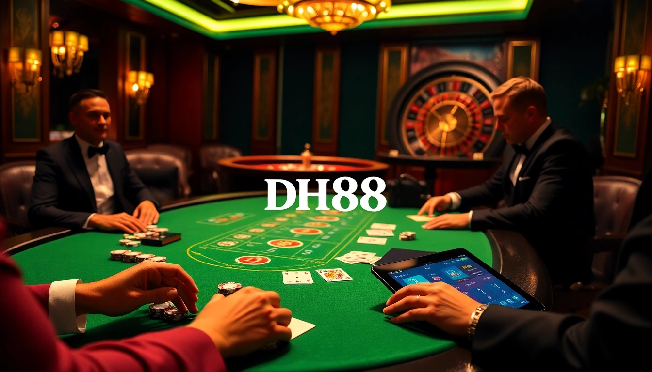 DH88 poker table scene highlighting excitement in a high-stakes casino atmosphere.