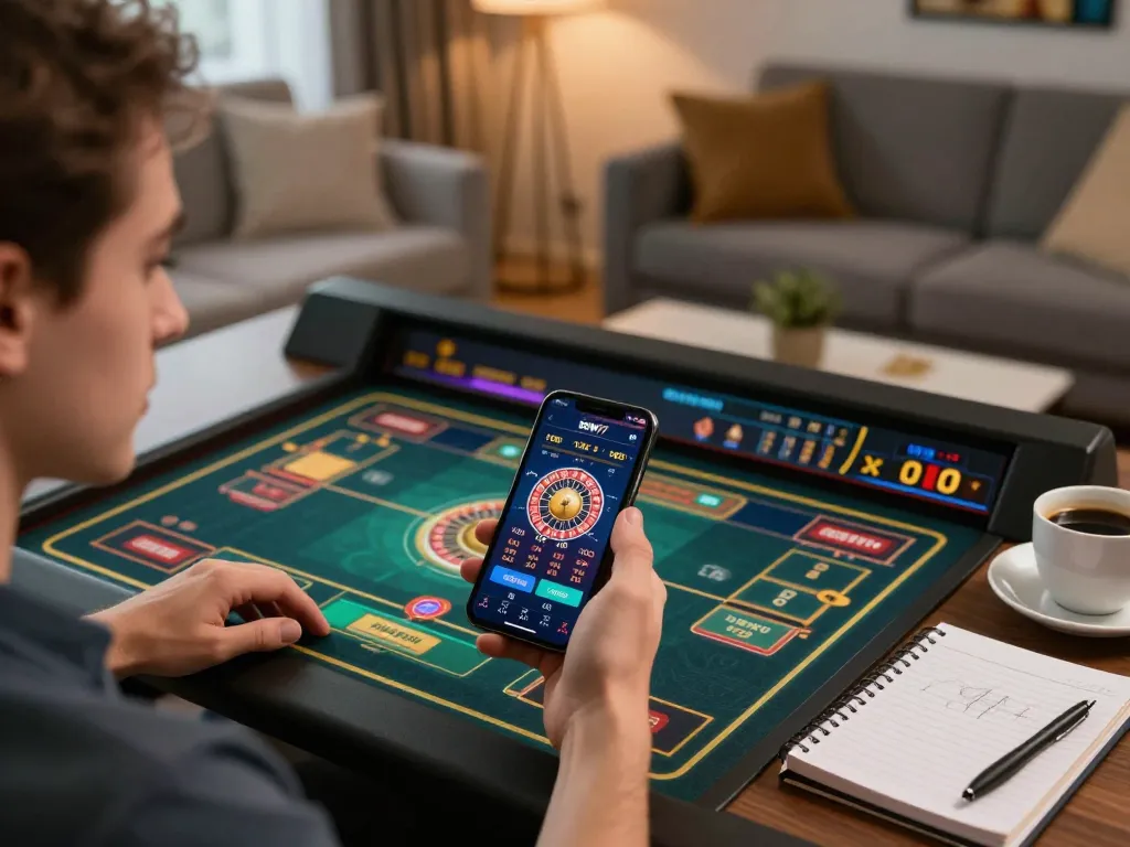 Pemain yang menikmati aplikasi mobile DEWI77 sambil merencanakan pengaturan permainan di rumah.