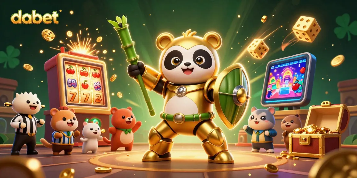 Dabet powers the excitement in a vibrant casino scene with a golden panda piloting a robot amidst jackpots.