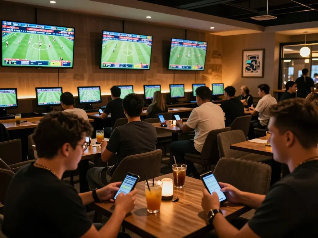 Engaged patrons at Trang chủ 888NEW placing bets in a lively sports betting lounge.